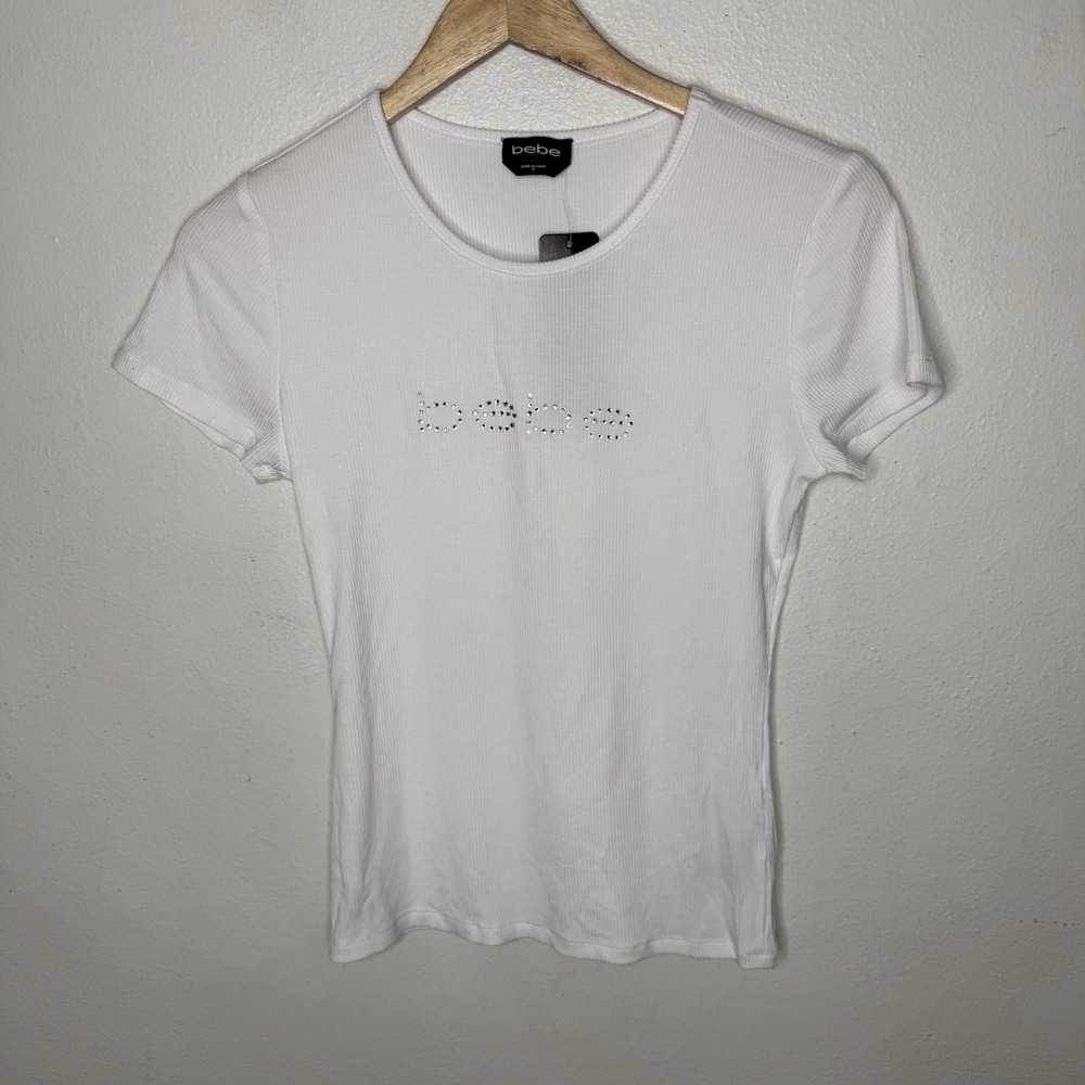 New Bebe Logo White Short Sleeve Rib Round Neck Top Women's Small